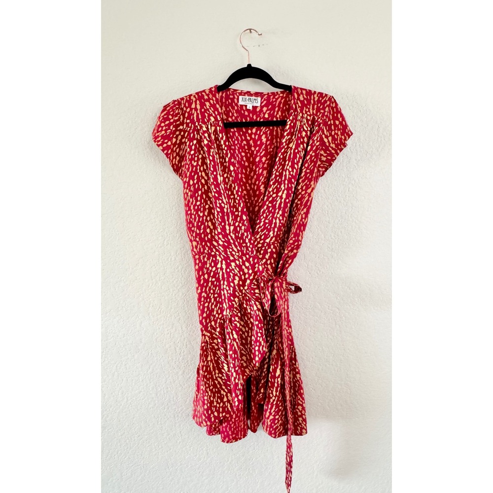 XIX Palms Mini Wrap Dress Womens Vintage Small Red Animal Print Ruffle Rayon